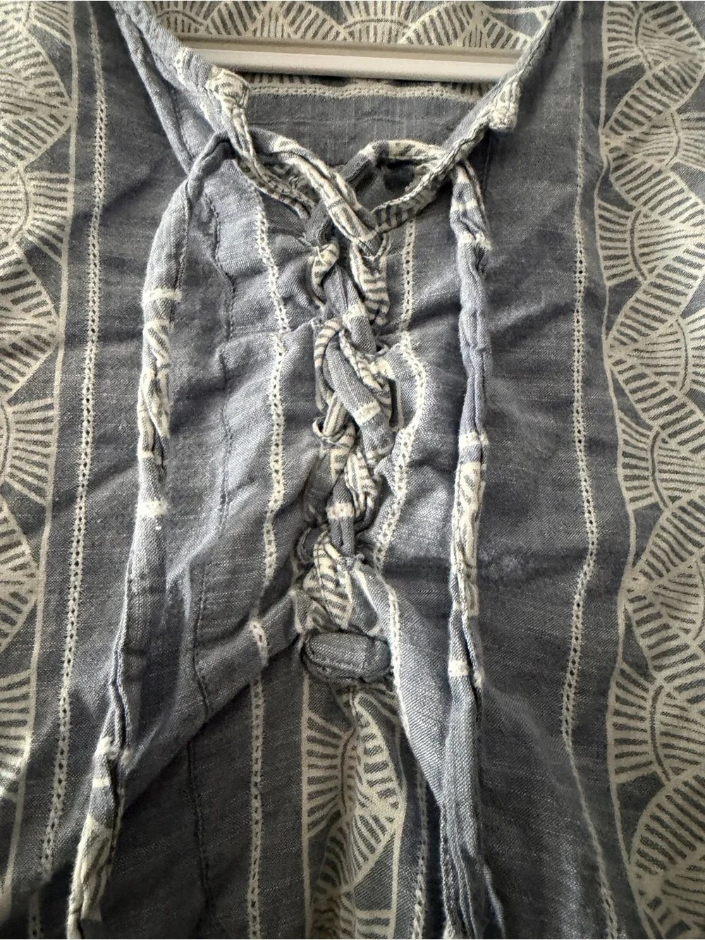 Vintage America Blue Cotton Lace Up Peasant Boho Beach Blouse M - Picture 2 of 7